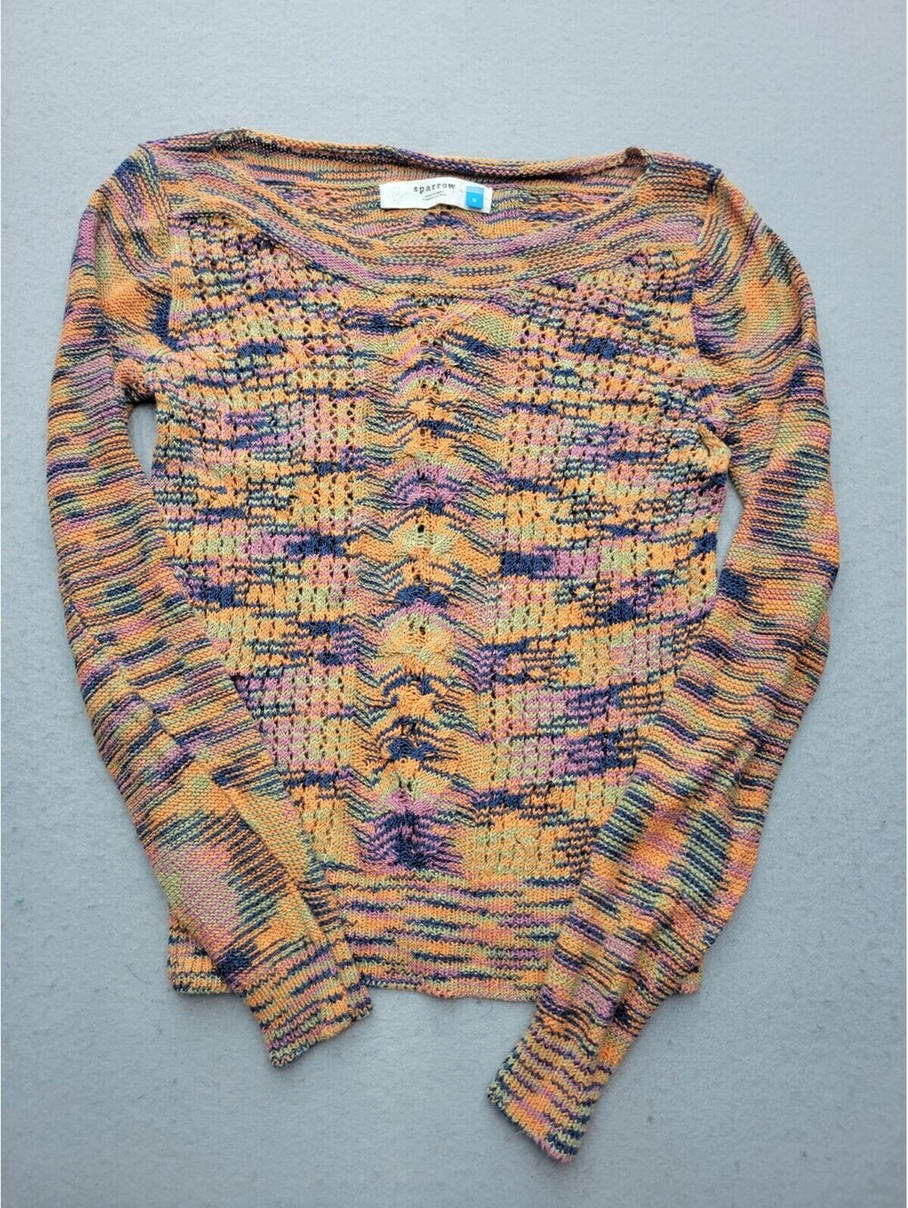Sparrow Women's Sweater Small. Orange/Blue Pullover Long Sleeve Cotton Blend